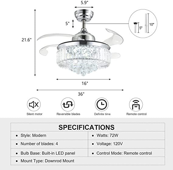7PM Modern Crystal Ceiling Fan with Light Retractable Blades Chandelier Fan with Reverse Chrome Remote Control Fandelier Lighting Fixture for Dining Room Bedroom 36 Inch