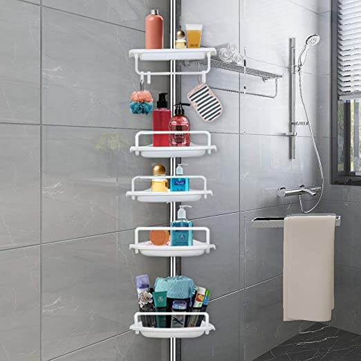 Vailge Constant Tension Corner Shower Caddy, Stainless Steel Pole, 5-Shelf, Rustproof, Strong and Sturdy, White