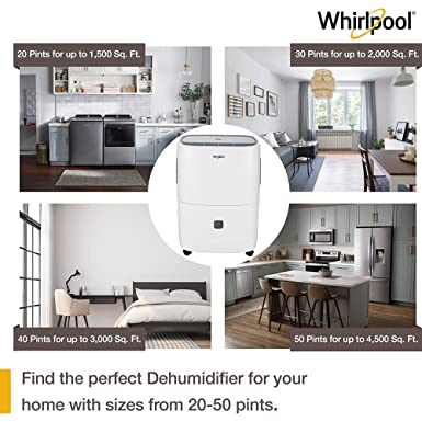 Whirlpool 40 Pint Portable Dehumidifier with Built-In Pump, 24-Hour Timer, Auto Shut-Off, Easy-Clean Filter, and Auto-Restart | For Bathrooms, Basements, and Bedrooms