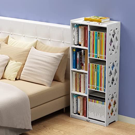 Rerii Bookshelf, Small Bookcase Narrow, 7 Cube Storage Organizer Open Shelf Book Case for Bedroom, Living Room, Office, Small Spaces, White