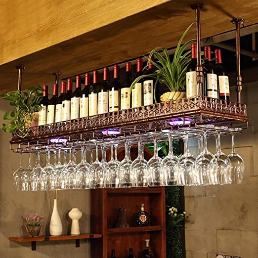 Industrial Vintage Metal Bar Wine Glass Hanging Rack,Retro Upside Down Stemware Goblet Wine Glass Holder,Tableware Bottle Floating Shelf for Home Kitchen(Red Copper, 47.2''L)