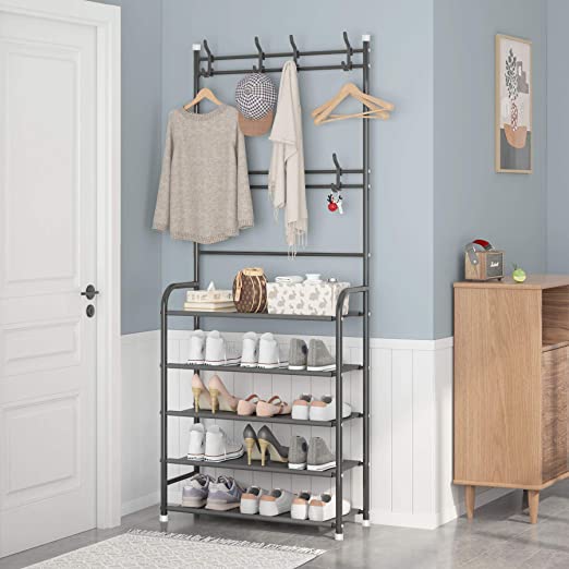 UDEAR Entryway Coat Rack,Large Storage Space, with 5-Tier Shoes Storage Shelf,Provides Hanging and Storage Capabilities,Multifunctional Practical Storage Hanger,Black