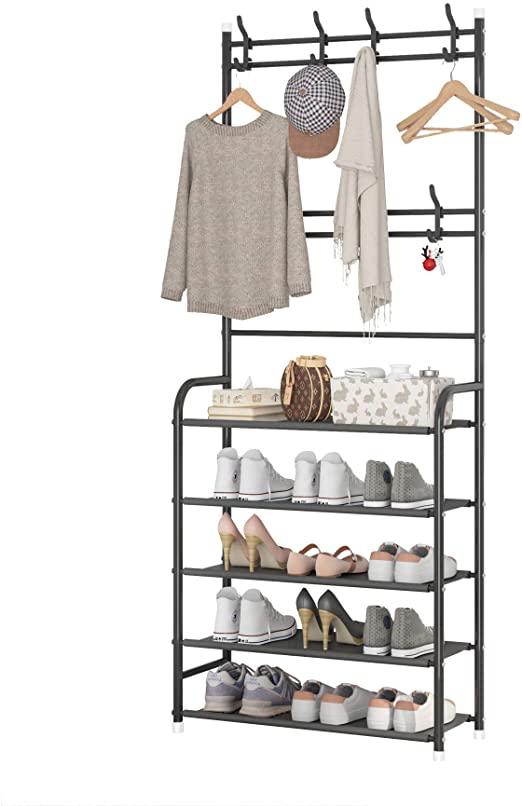 UDEAR Entryway Coat Rack,Large Storage Space, with 5-Tier Shoes Storage Shelf,Provides Hanging and Storage Capabilities,Multifunctional Practical Storage Hanger,Black