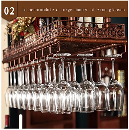 Industrial Vintage Metal Bar Wine Glass Hanging Rack,Retro Upside Down Stemware Goblet Wine Glass Holder,Tableware Bottle Floating Shelf for Home Kitchen(Red Copper, 47.2''L)