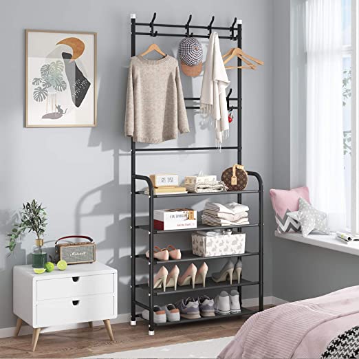 UDEAR Entryway Coat Rack,Large Storage Space, with 5-Tier Shoes Storage Shelf,Provides Hanging and Storage Capabilities,Multifunctional Practical Storage Hanger,Black