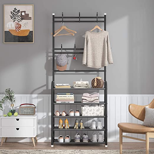 UDEAR Entryway Coat Rack,Large Storage Space, with 5-Tier Shoes Storage Shelf,Provides Hanging and Storage Capabilities,Multifunctional Practical Storage Hanger,Black