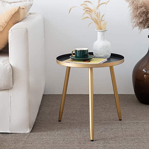 Round End Tables Living Room,Narrow Night Stands Round Side Table for Bedrooms, Cute Gold Coffee Table,Pedestal Plant Stand for Balcony, Black Tray with 3 Legged Gold Accent Table