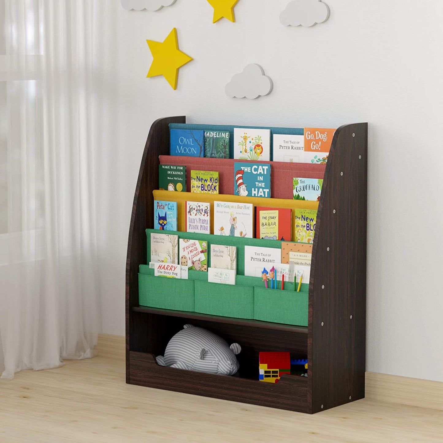 SEIRIONE Wooden Kids Book Rack, 4 Tier Childrens Colorful Bookshelf ,1 Toy Storage Cabinet, 2 in 1 Design, Espresso/Black