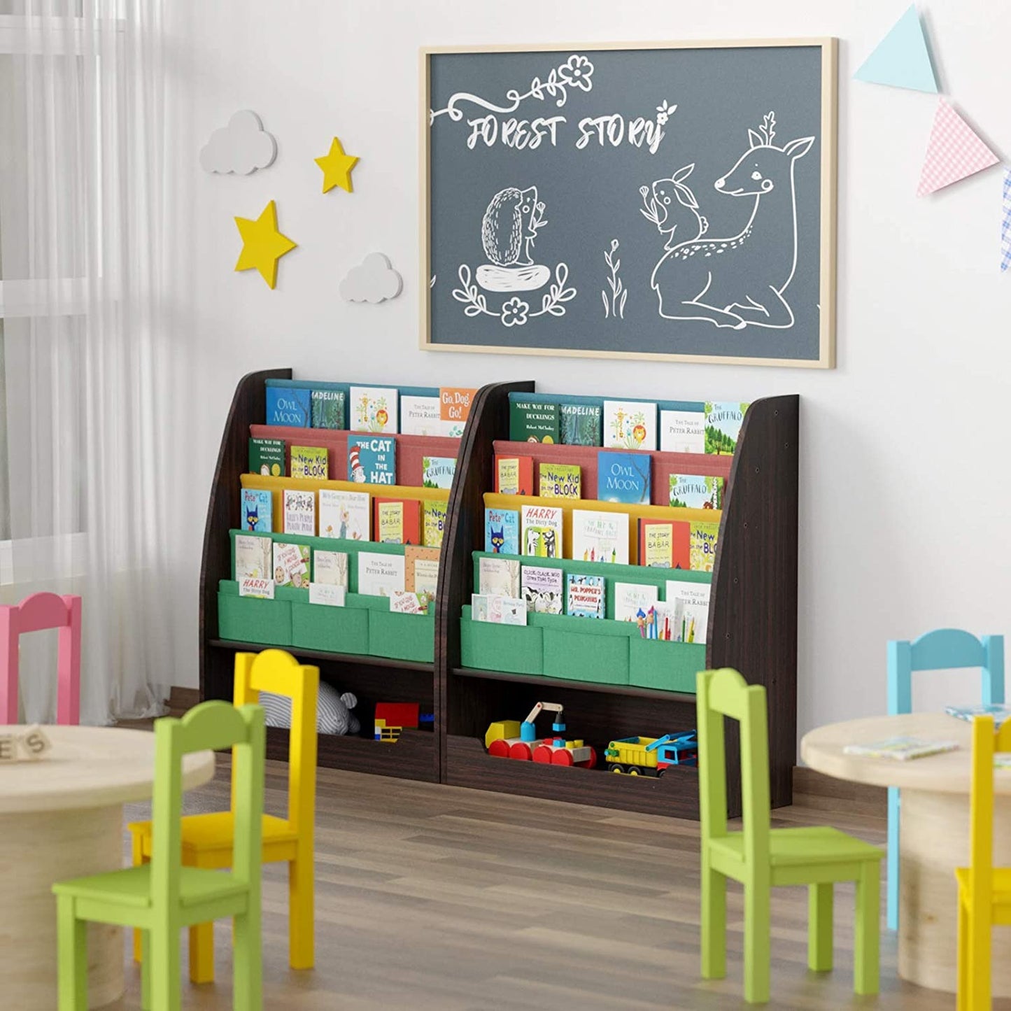 SEIRIONE Wooden Kids Book Rack, 4 Tier Childrens Colorful Bookshelf ,1 Toy Storage Cabinet, 2 in 1 Design, Espresso/Black