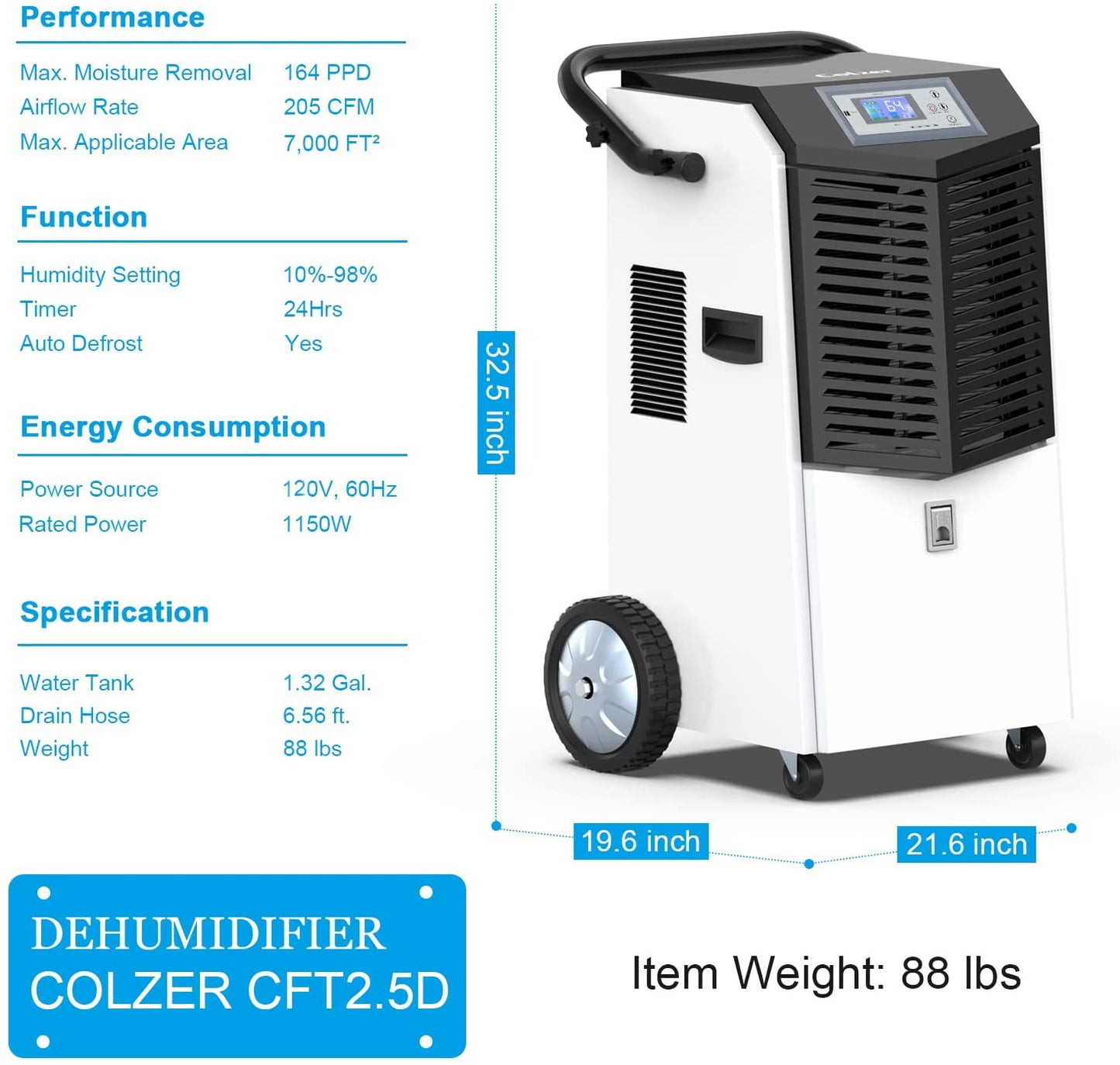 COLZER 164 Pints CFT4.0D Commercial Dehumidifiers with Continuous Drain Hose for Basements Warehouse Grow Room, Water Damage Restoration Dehumidifiers with 1.32 Gallon Water Reservoir - 20.5 Gallon/Day
