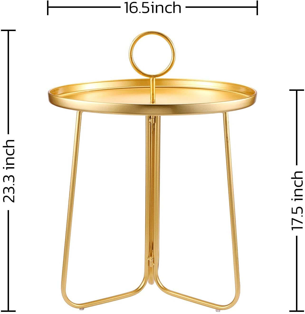 HYGGEISM Round End Table Metal with Handle, Portable Gold Circular Tray Nightstand for Bedside Sofa Small Spaces, Anti-Rust Outdoor Indoor Accent Snack Coffee Tablev