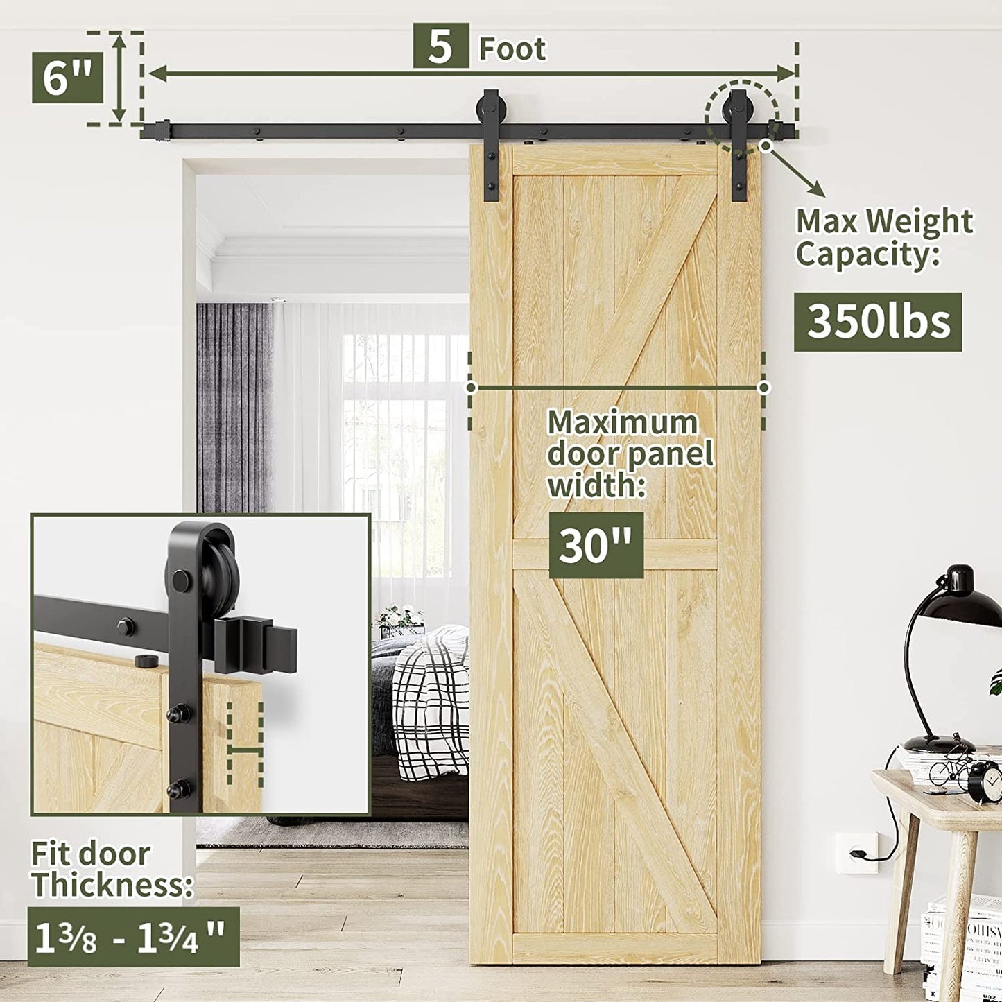 HomLux 5ft Heavy Duty Sturdy Sliding Barn Door Hardware Kit Single Door - Smoothly and Quietly - Simple and Easy to Install - Fit 1 3/8-1 3/4 inch Thickness Door Panel