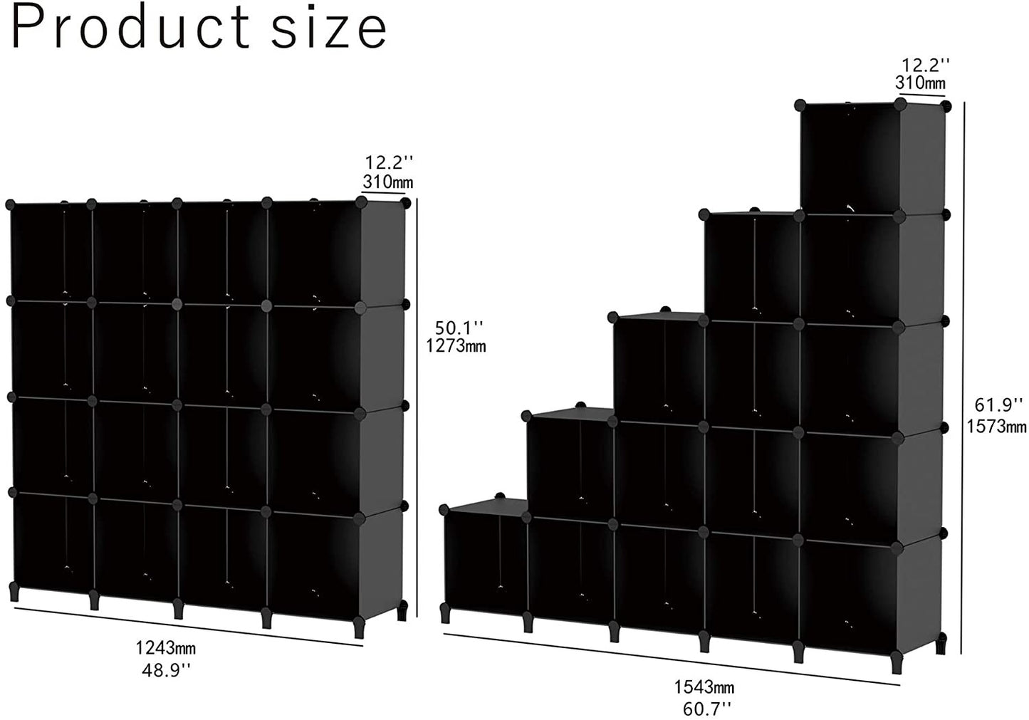 SIMPDIY Storage Modular Cubes 16 Cubes Black (124x124x30cm) Plastic Portable Organizer Bookshelf Shelf Rack