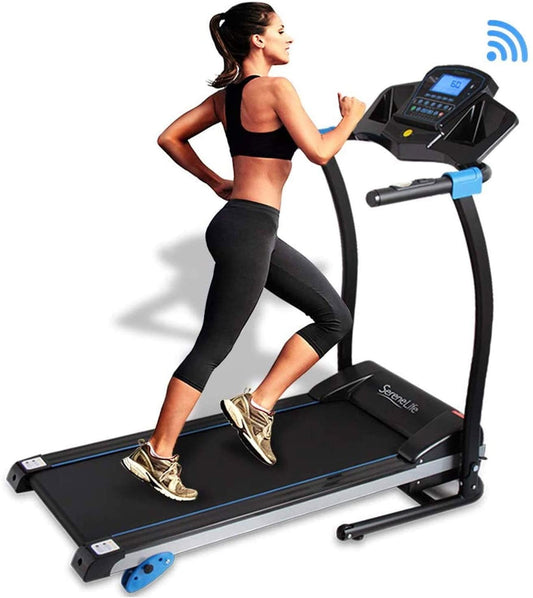 Smart Digital Manual Incline Treadmill - Slim Folding Electric 2.5 HP Indoor Home Foldable Fitness Exercise Running Machine with Downloadable App, MP3 Player, Safety Key - SereneLife