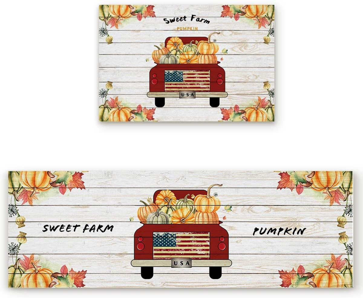 2 Piece Kitchen Rug,Unique Indoor Area Floor Mats,Anti Slip Washable Fall Pumpkin Truck Sweet Farm Doormat Carpet for Floor Home,Office, 19.7"x31.5"+19.7"x63"