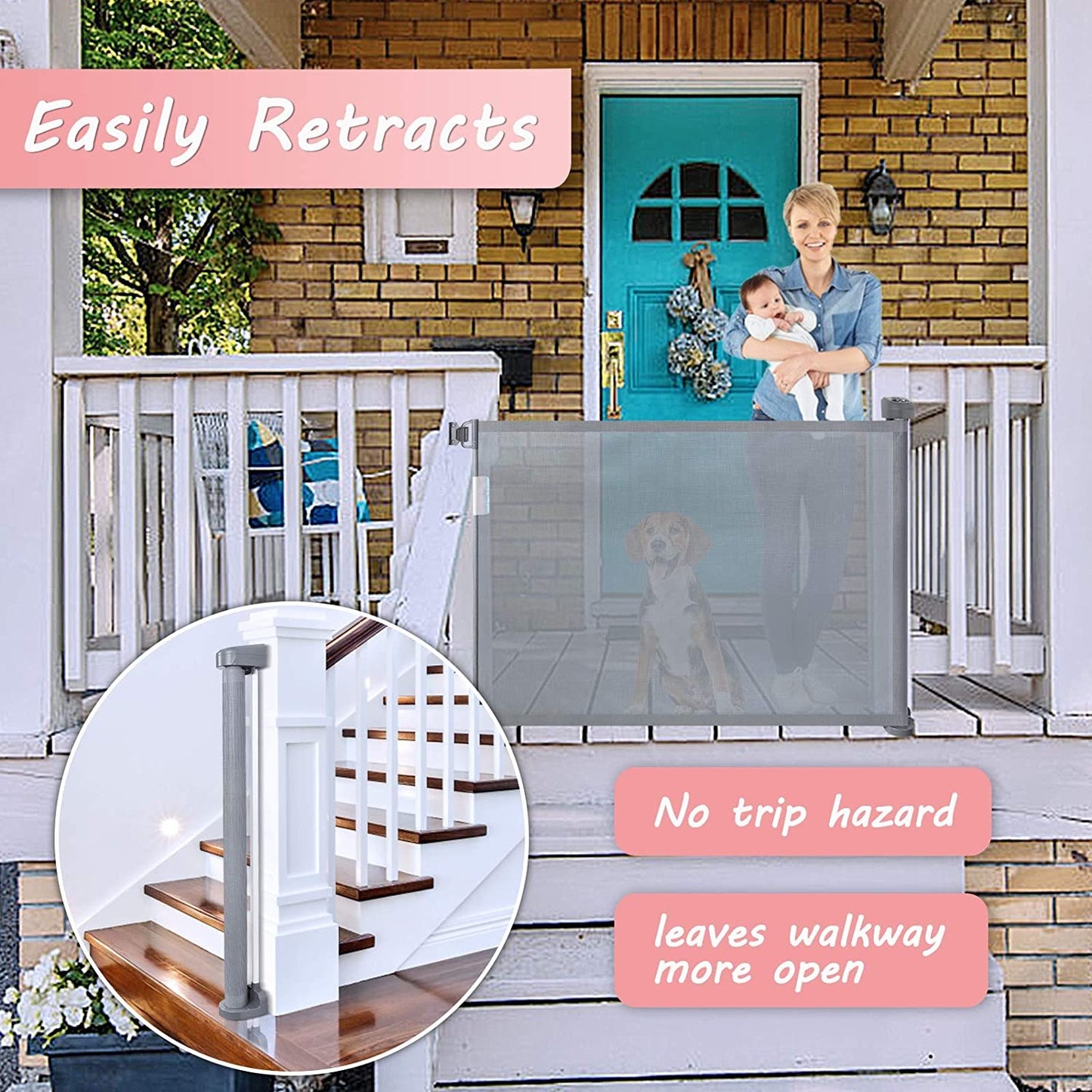 Babepai Retractable Baby Gate Door Grey, Extra Wide Baby Safety Gate and Pet Gate for Stairs, Doors, and More, Fabric Baby Gate Mesh Safety Gate 52" Wide Indoor/Outdoor, Grey